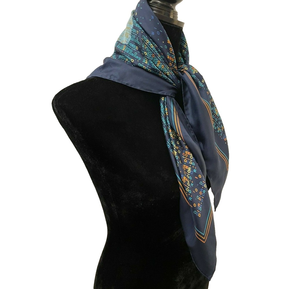 Vintage Christian Dior Womens Square Scarf Navy Blue Retro Monogram Print Silk - Picture 5 of 12